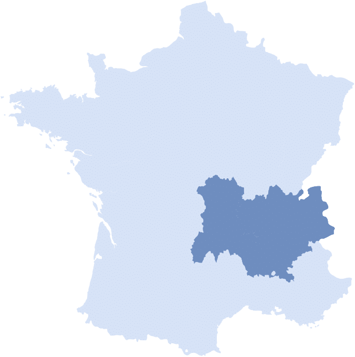Carte de France avec la région Auvergne-Rhône-Alpes Carte de France mettant en évidence la région Auvergne-Rhône-Alpes en bleu foncé sur fond bleu clair.